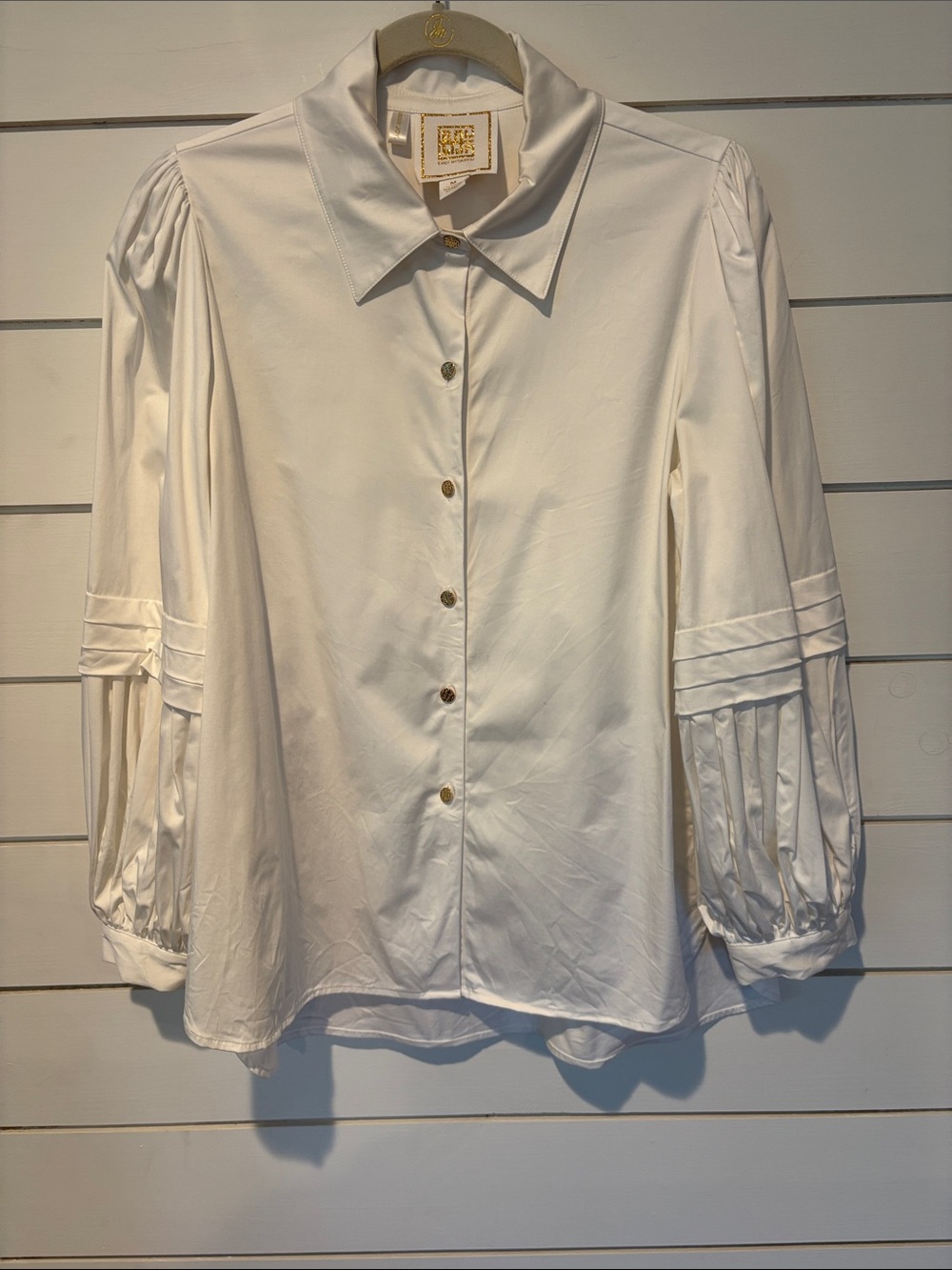 Timeless White Button-Up Shirt with Pleated Balloon Sleeves Emily McCarthy